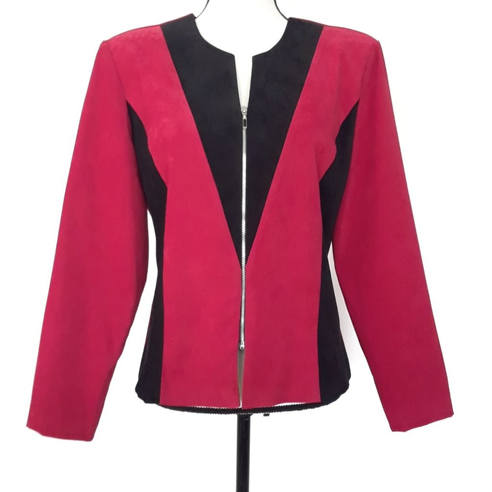 Vintage 1980s Red Black Micro Suede Zip Up Jacket